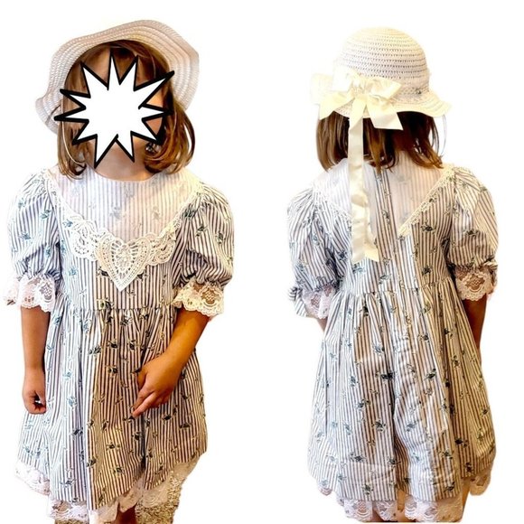 Vintage 90s Girls White Blue Floral Striped Bib Collar Party Dress w Hat Sz 5 - Picture 2 of 14